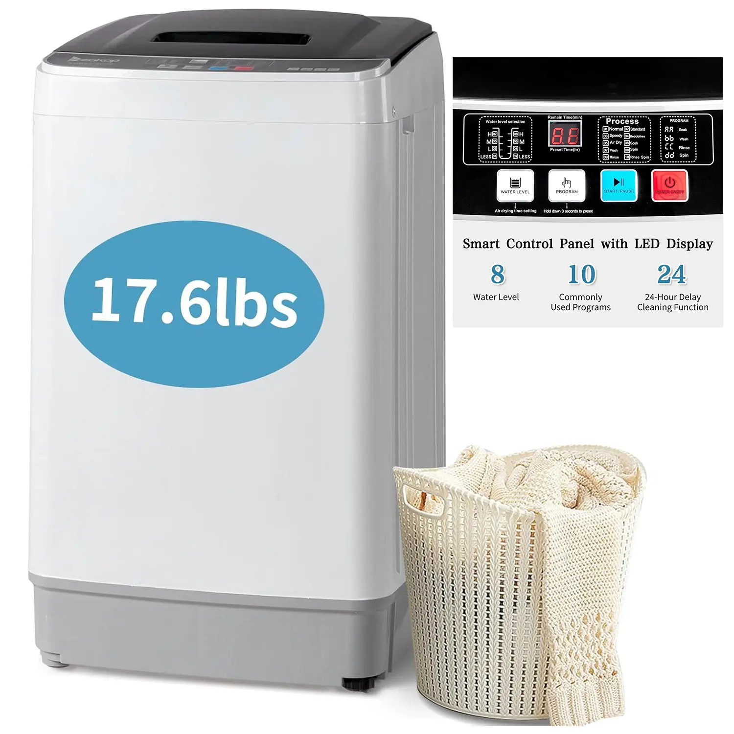 ZOKOP Full Automatic Washing Machine - 17.6Lbs Top Load Portable Mini Washer with Drain Pump, 10 Wash Programs, 8 Water Levels, 2-in-1 Washer Dryer for Apartments, RV Camping, Portable Washing Machine
