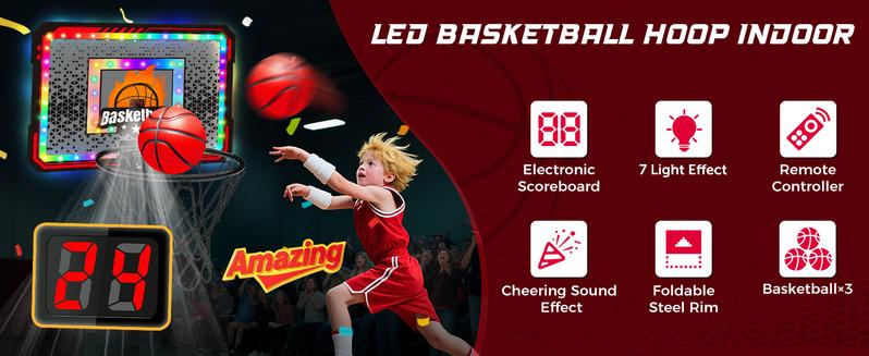 VATOS Basketball Hoop Indoor for Kids, Light up Basketball Hoops with 6 Color LED Lighting, Remote Controller, Scoreboard & 3 Balls, Over The Door Basketballs Game Toys Gifts for Kids 5-12 Boys Girls