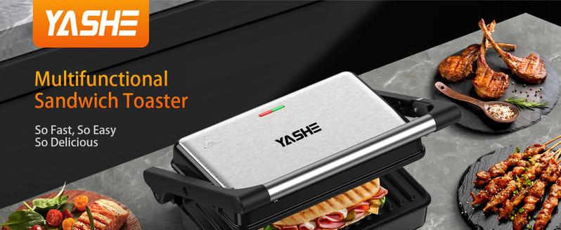 YASHE Panini Grill Press, 1200 W Sandwich Maker, Panini Maker with Non-Stick Coated Cast Aluminum Plates, Fits 2 Slices of Bread, 180-Degree Opening, Easy to Clean,Versatile Use