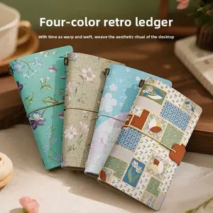 A6 Leather Cover Notebook with Detachable Sewing Binding Printed Cloth Notebook 80g Thick Off-white Paper 192 pages