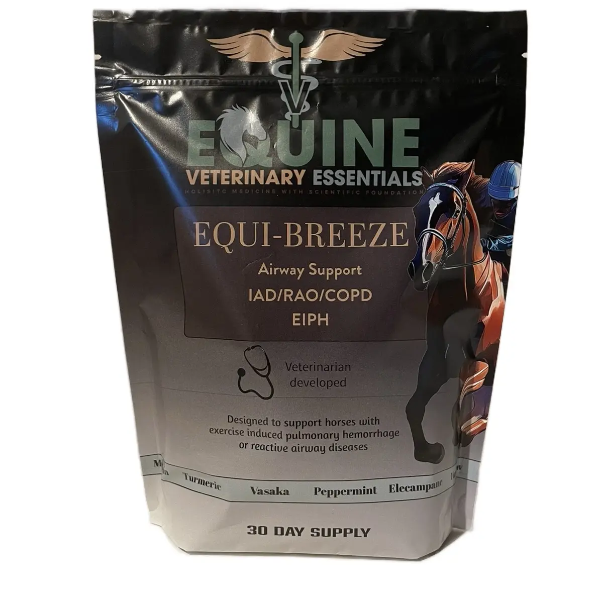 Equi-Breeze Respiratory Supplement for Horses - with Turmeric Mullein Elecampane Yarrow Vasaka Peppermint & Flaxseed for Airway Support