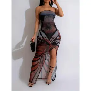 Sexy Stripe Pattern Strapless Maxi Dress - Women's Summer Knit Fabric with Mesh Bandeau Style - 95% Polyester 5% Elastane, 175g/m² Lining Weight, 100g/m² Fabric Weight Sexy Lingerie & Underwear