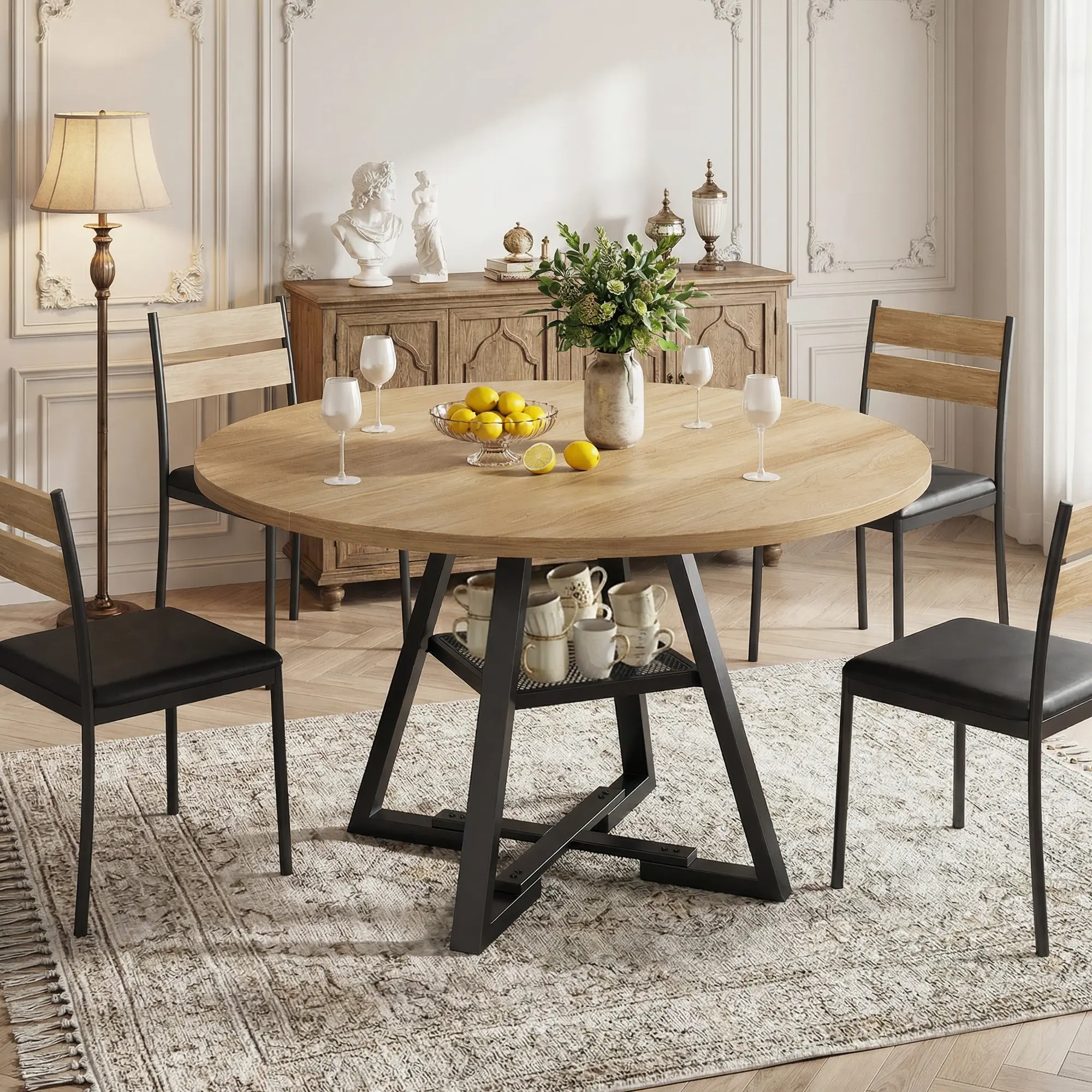 Jocoevol 51” Round Dining Table Set for 6, Kitchen Table and Chairs for 4, Circle Table Round Pedestal Dining Room Dinner Dinette Table Set,5 Piece Space Saving Wood Kitchen & Dining Room Tables