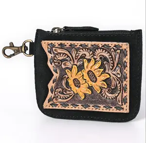Tooled Leather Coin Purse - Red Floral Design with Zipper & Clip Hook