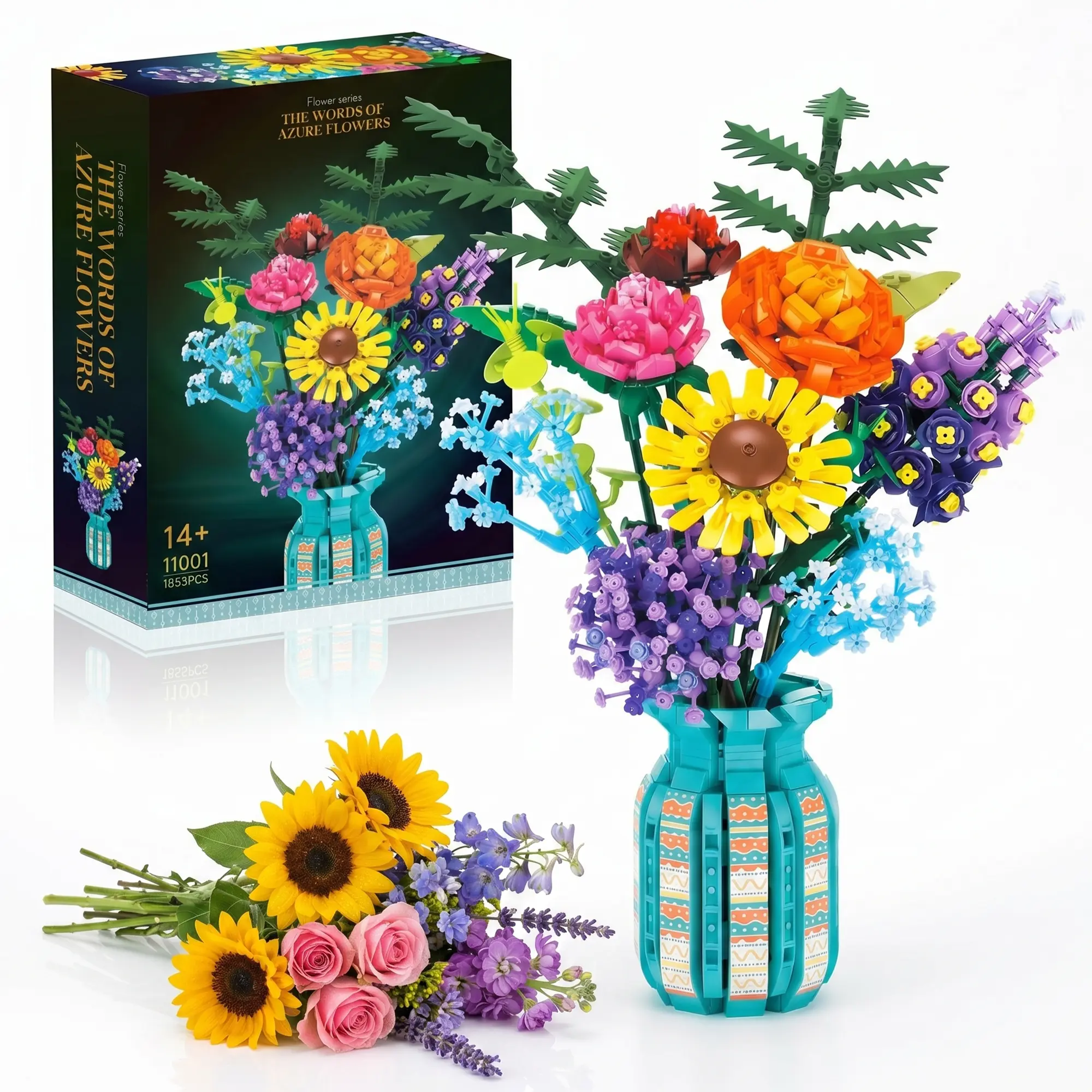 Buildable Blocks Wildflower Bouquet Kit - 1,853 Pieces, 14 Different Species, Adjustable Stems, Botanical Collection for 12 Years Above, Relaxing Creative DIY Toy, Birthday Gift for Flower Lovers, Vibrant Home-Office Decor, Buildable Blocks Kit, Charming
