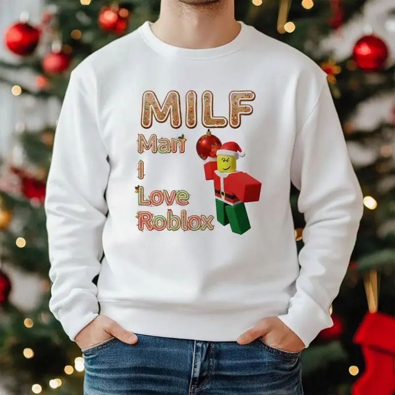 Men's Roblox Parody Festive Christmas Sweatshirt - Menswear Tops, Cotton Plush Funny Gamer Meme Holiday Pullover, Vintage Style Gift, Fleece