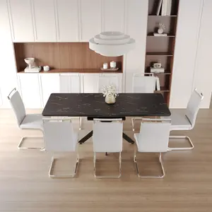 62.4" Extendable 78.15" Dining Table Set for 6-8 Person C-shaped Tube Soft Padded Armless Chairs MDF Table with Metal Legs for Dining Room & Kitchen
