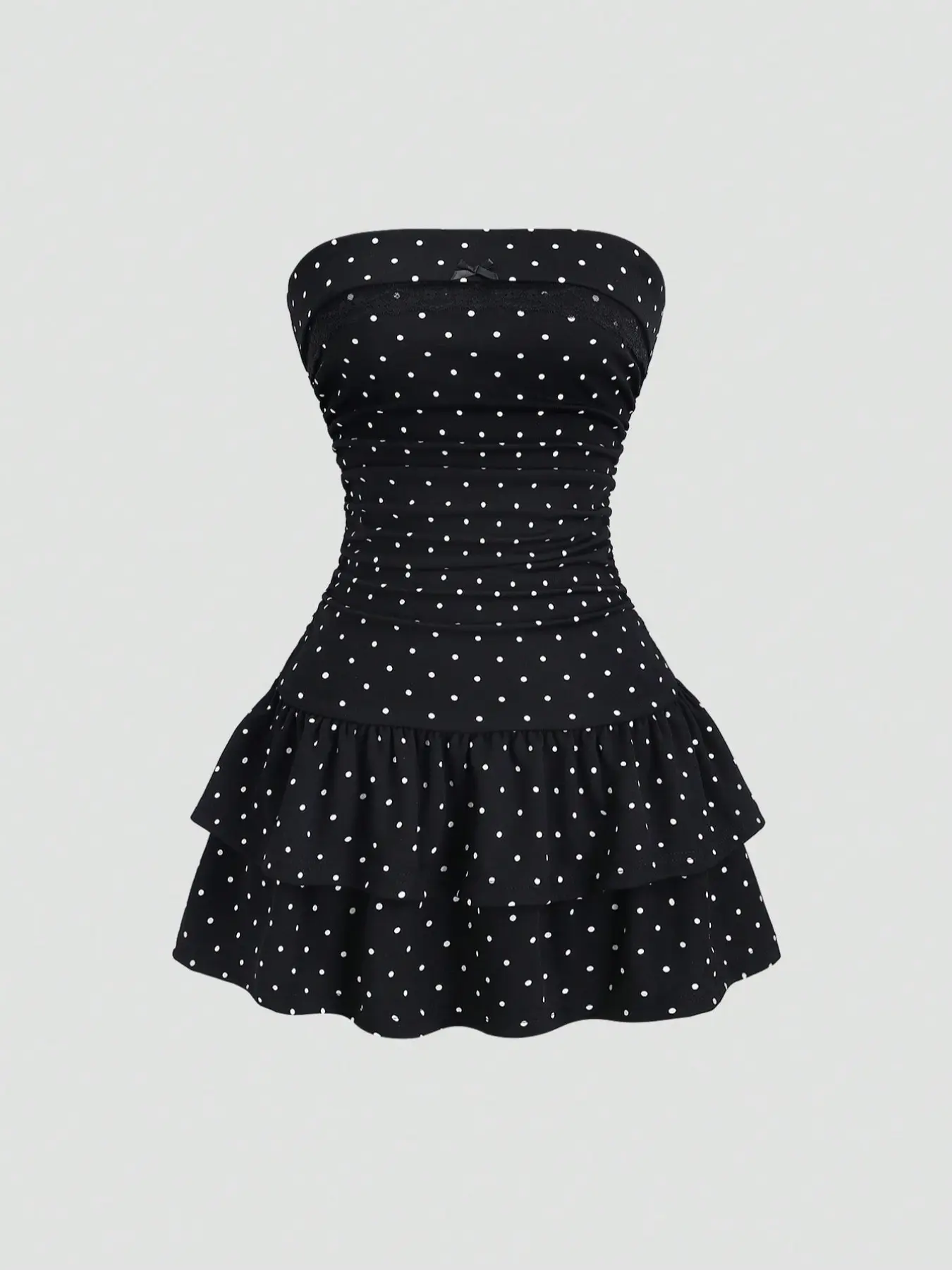 Y2K Strapless Mini Dress, Polka Dot Party Skirt, Waist Cinching Tube Top, Cute Multi-Layer Ruffle Hem, Casual Date Night