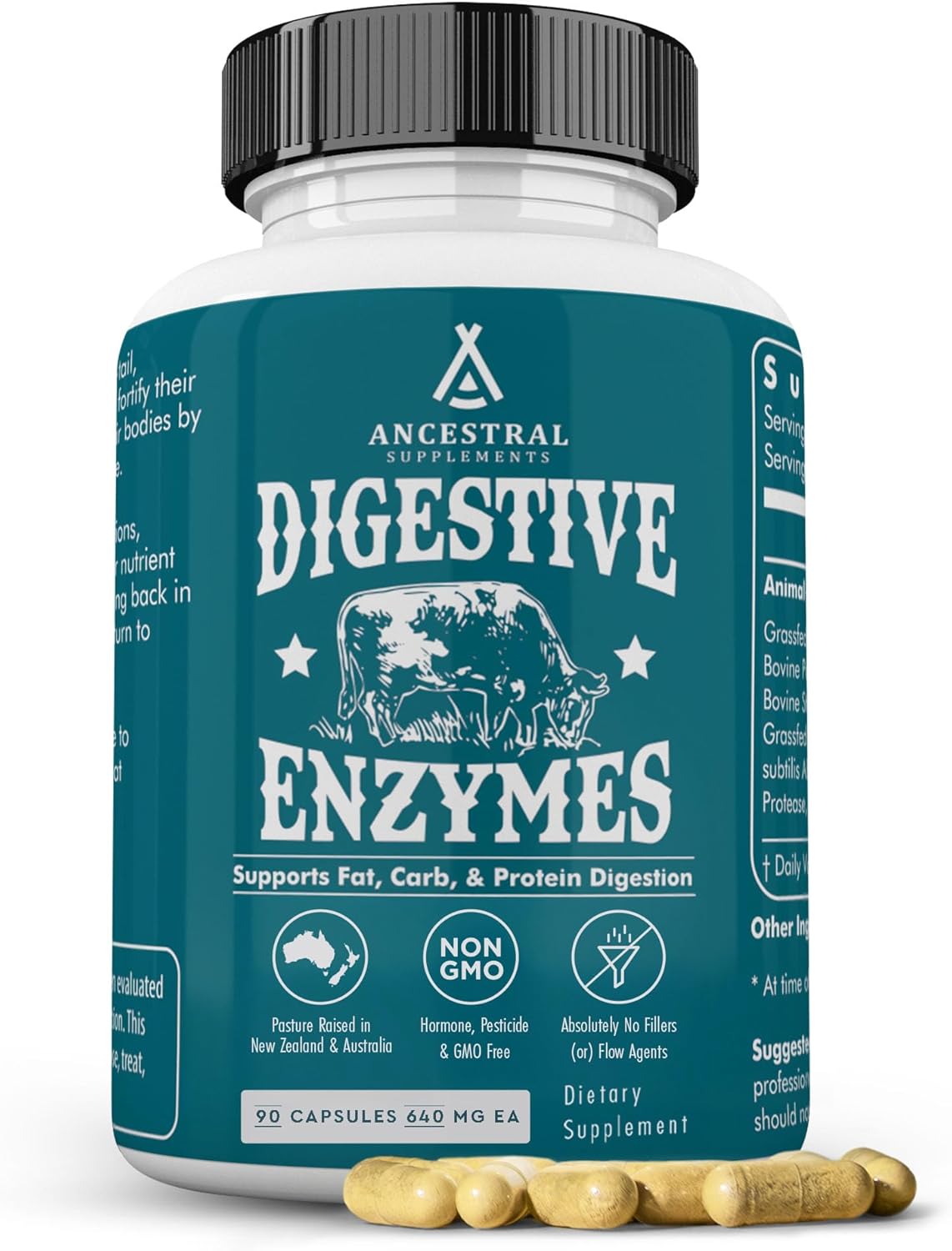 Ancestral Supplements Digestive Enzymes for Women & Men 90 Capsules with Probiotics & Grass Fed Beef Organs Supports Gut Health Digestive Health & Nutrient Absorption Allergen Free Non GMO - Prebiotics Lactobacillus