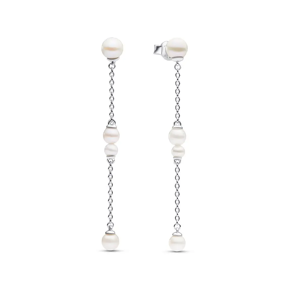 PANDORA Sterling Silver Drop Earrings with Treated Freshwater Pearls, Unique Cascade-Chain Motif, Heart-Shaped Butterfly Backs, Beauty Love and Wisdom Semiprecious Stone Jewelry for Adults