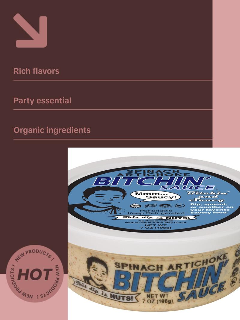 Organic Bitchin' Sauce Sample Pack – Spinach Artichoke, Buffalo, Green Onion, and Roasted Green Chili & Pepita Almond Based Dip and Spread!