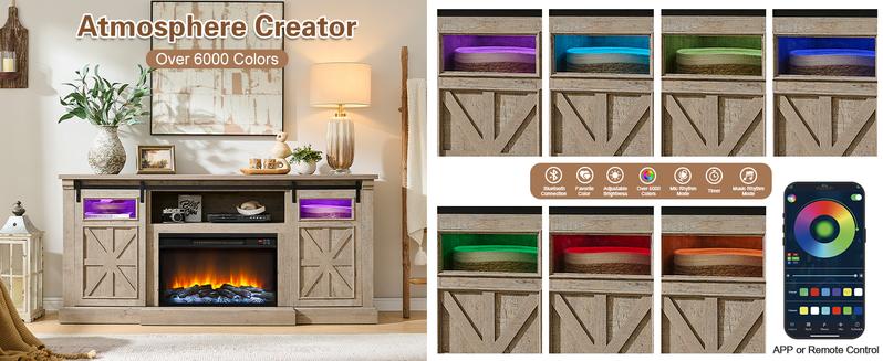 Fireplace TV Stand for up to 80 Inch TVs, 32’’ Tall LED Entertainment Center with Electric Fireplace, Farmhouse TV Console Table w/Sliding Barn Door & Window for Living Room, Rustic Gery Fireplace TV Stand for up to 80 Inch TVs, 32’’ Tall LED Entertainment Center with Electric Fireplace, Farmhouse TV Console Table w/Sliding Barn Door & Window for Living Room, Rustic Gery