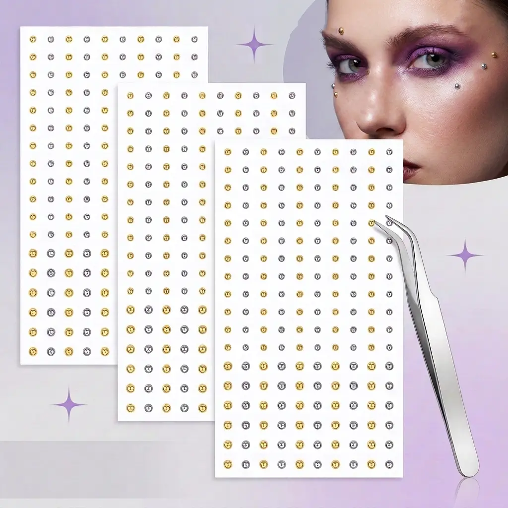 180Pcs (3 Sheets) Classic Golden/Silvery Fake Piercings Sticker Set - Self-Adhesive No Piercing Needed, Fake Lip Ring Nose Ring Eyebrow Piercing, Punk Y2K Makeup Jewelry w/Tweezers, Skin-Safe Press & Stay 6-8Hrs