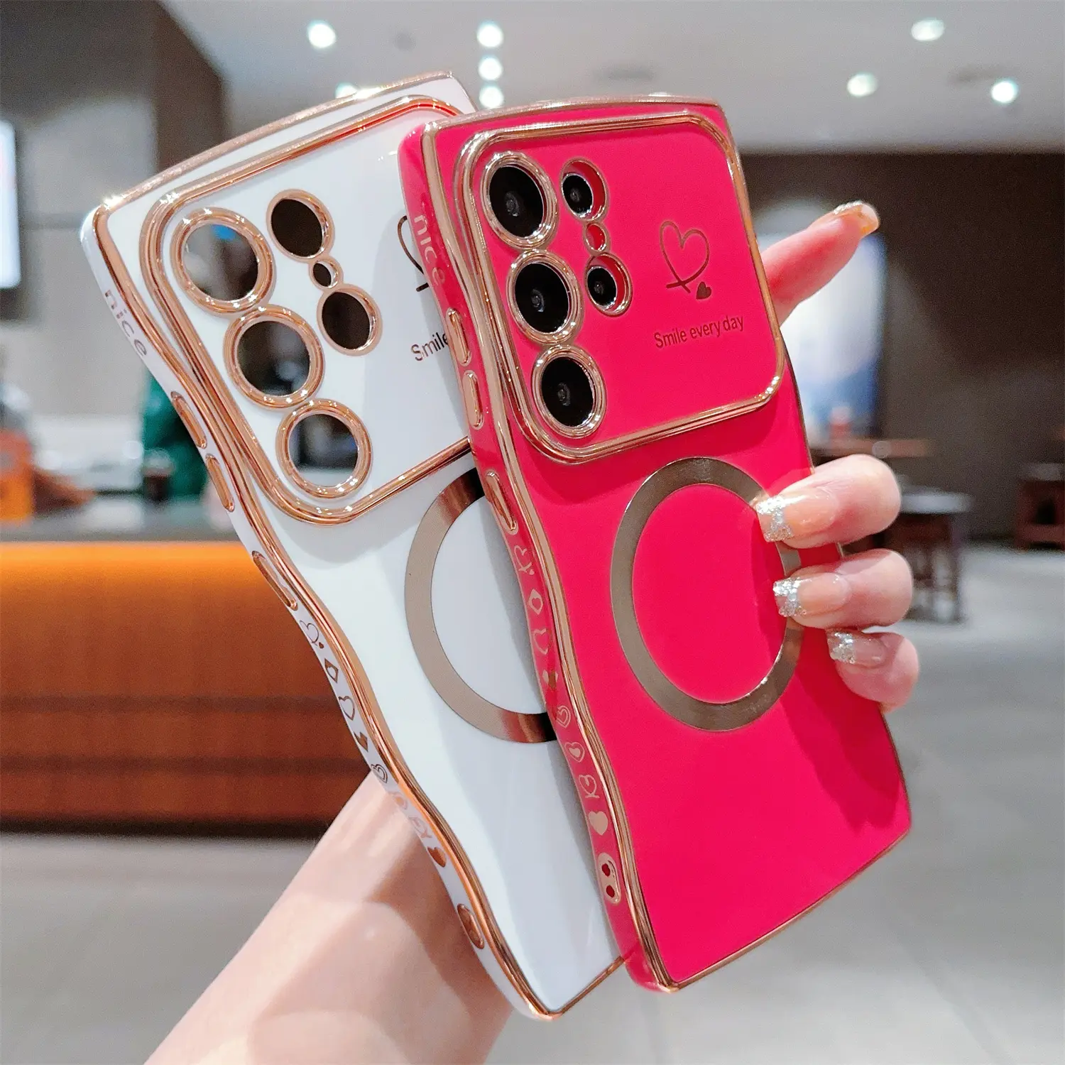 HISTORYOO MagSafe-Compatible Smartphone Case for Samsung Galaxy S26 Ultra, S25, S24, S23, S22 Ultra/Plus - Magnetic Wireless Charging, Soft Wave Frame, Curly Love Heart, Luxury Plating, Shockproof Handheld Cellphone Protection Cover for Women Devices, Cas