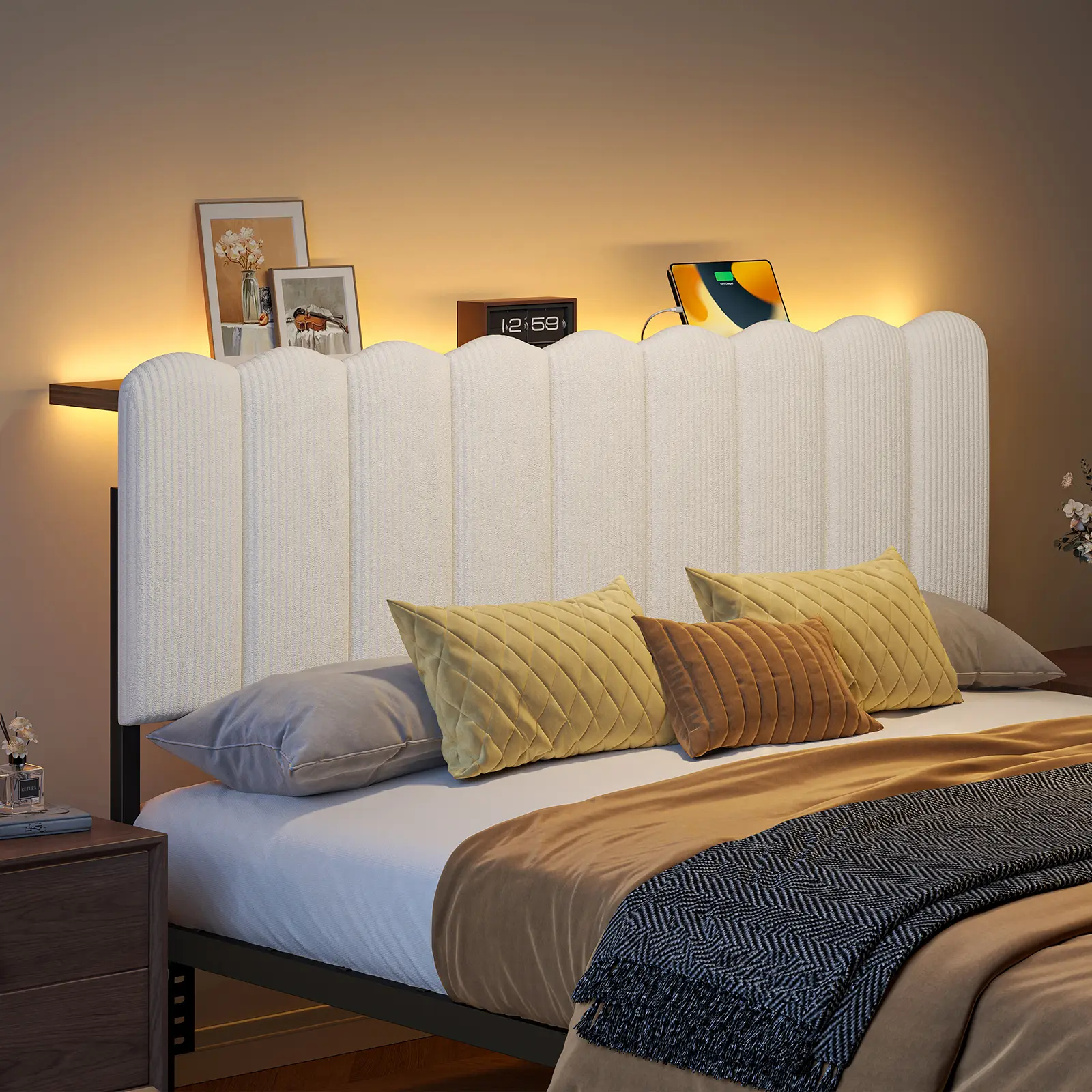 Pinmoco Upholstered Headboard (Queen/King Size) - Modern Beige Striped Velvet, 2-Tier Storage Shelf, LED Lit, Type-C & USB Charging Station【Headboard Only】