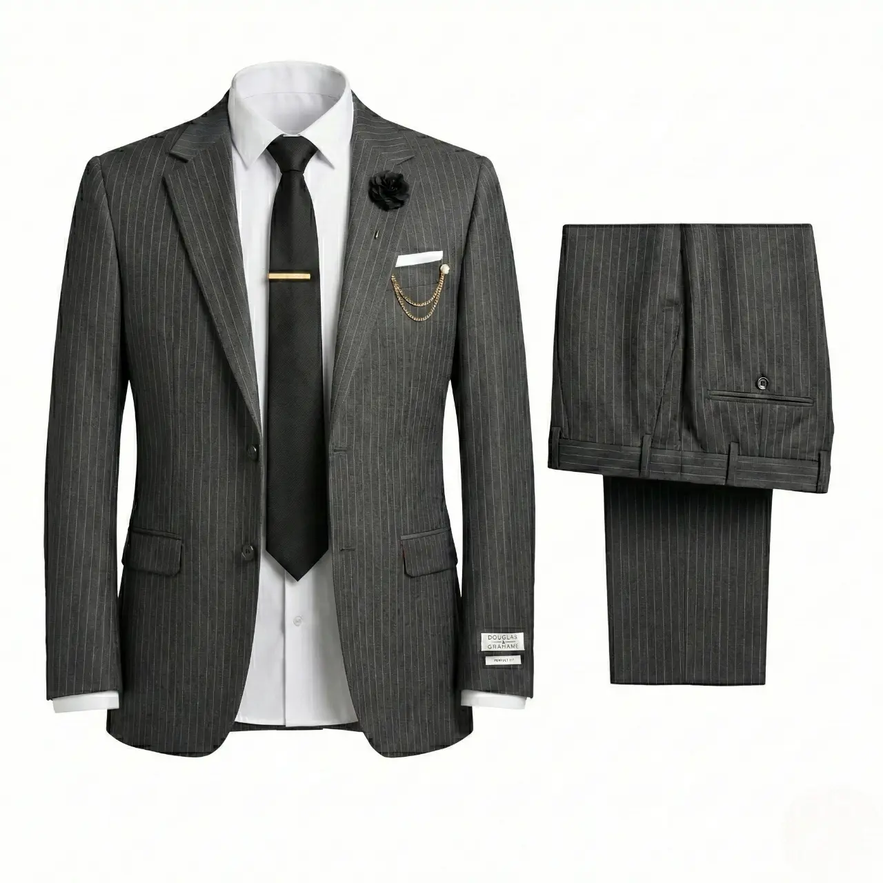 Douglas & Grahame Men's 2-Piece Pinstripe Wool Suit, 98% Wool 2% Lycra, Slim Fit Blazer & Pants, Lightweight All-Season Business Wedding Suit