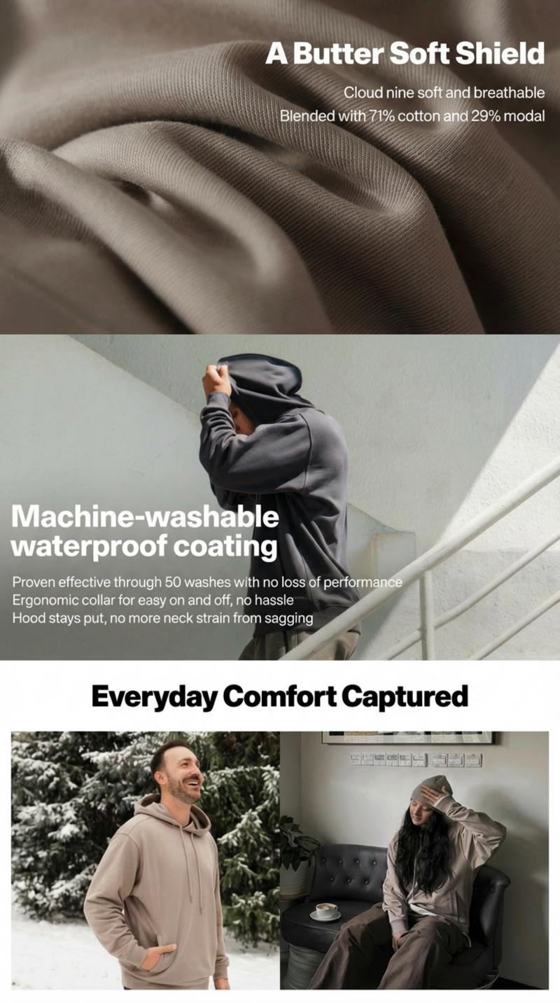 TexTale Waterproof & Stain Proof Men's Hoodie - Coffee Spill Repellent Technology, Windproof Softshell Heavy Weight(11.3 oz) Fleece Pullover for Urban Commute, Hiking & Outdoor