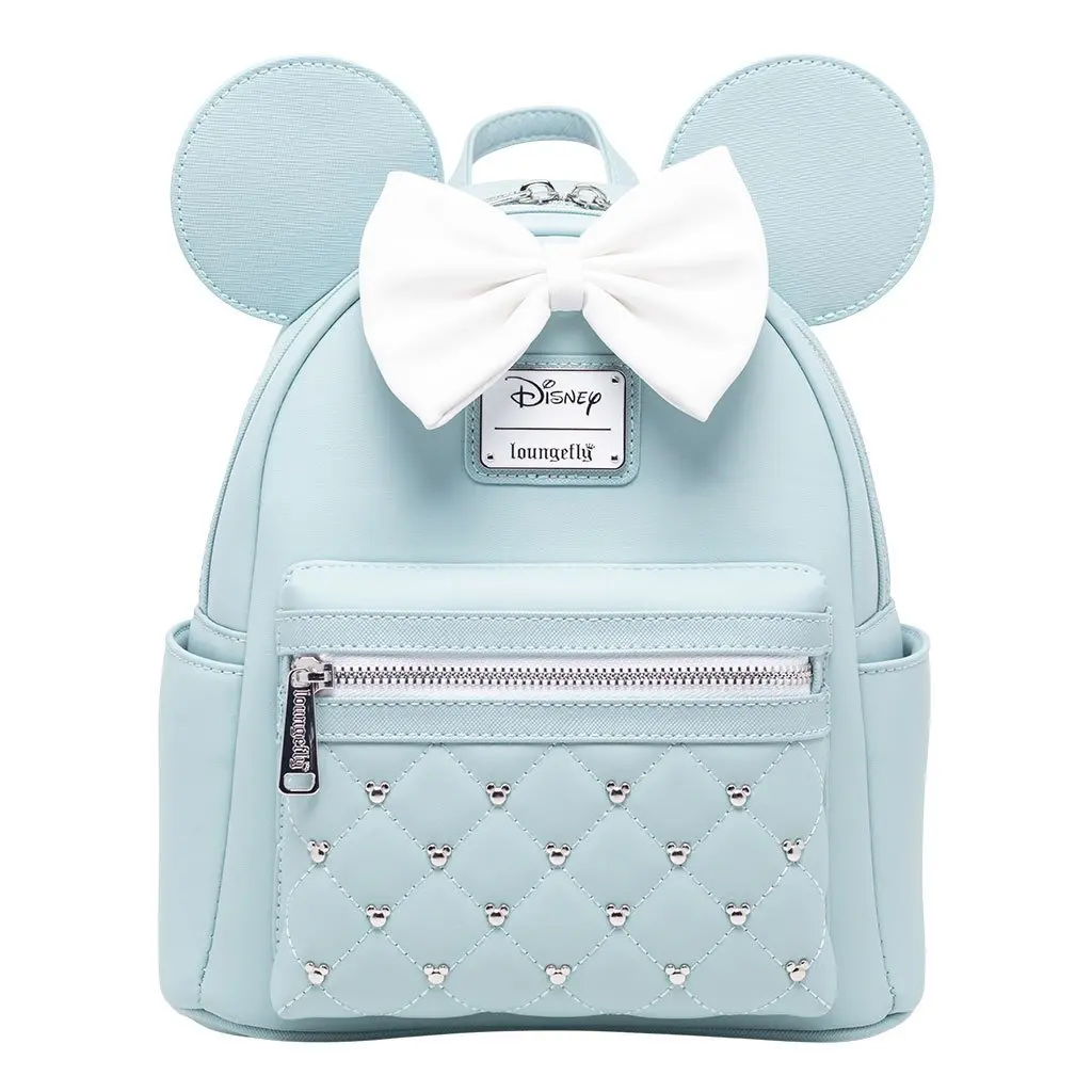 Loungefly Disney Minnie Mouse Classic Series Mini Backpack, Mint Quilted Faux Leather Bag for Everyday Carry with Studded Details, Graphic, Zip, Female, Matte White Bow, Stylish Accessories, Character Backpacks, Elegant, Stud Details, Basic, Adults, Casua