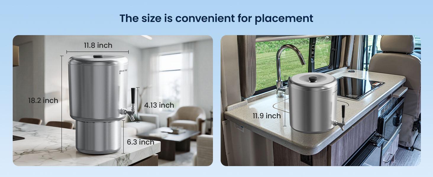 Glacier Fresh 2.25G Countertop Gravity-Fed Stainless Water Filter System with Nanofiber Filter for PFAS Microplastic Bacteria Virus Removal