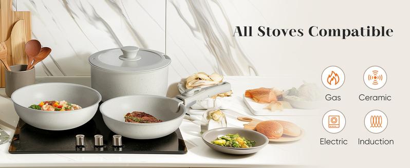 【Valentine's Day gift】12-Piece Nonstick Pots and Pans Set - Kitchen Cookware with Removable Handles - Ideal for Home Cooking, Cream White