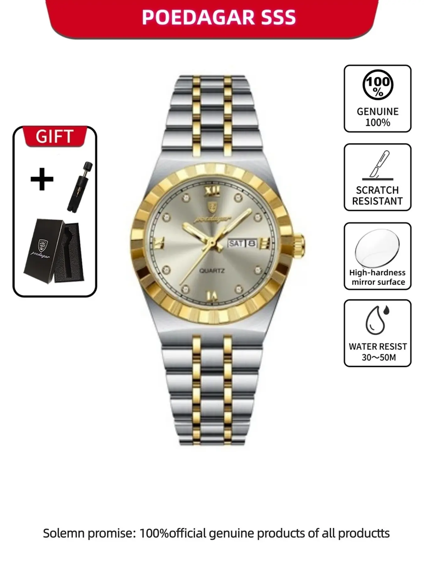 Poedagar Luxury Original Women's Clock Waterproof Night Light Week Date Women's Watch Fashionable Waterproof High End Watch Stainless Steel Women's Quartz Analog Watch Casual Trendy Wristwatch Quartz Watches