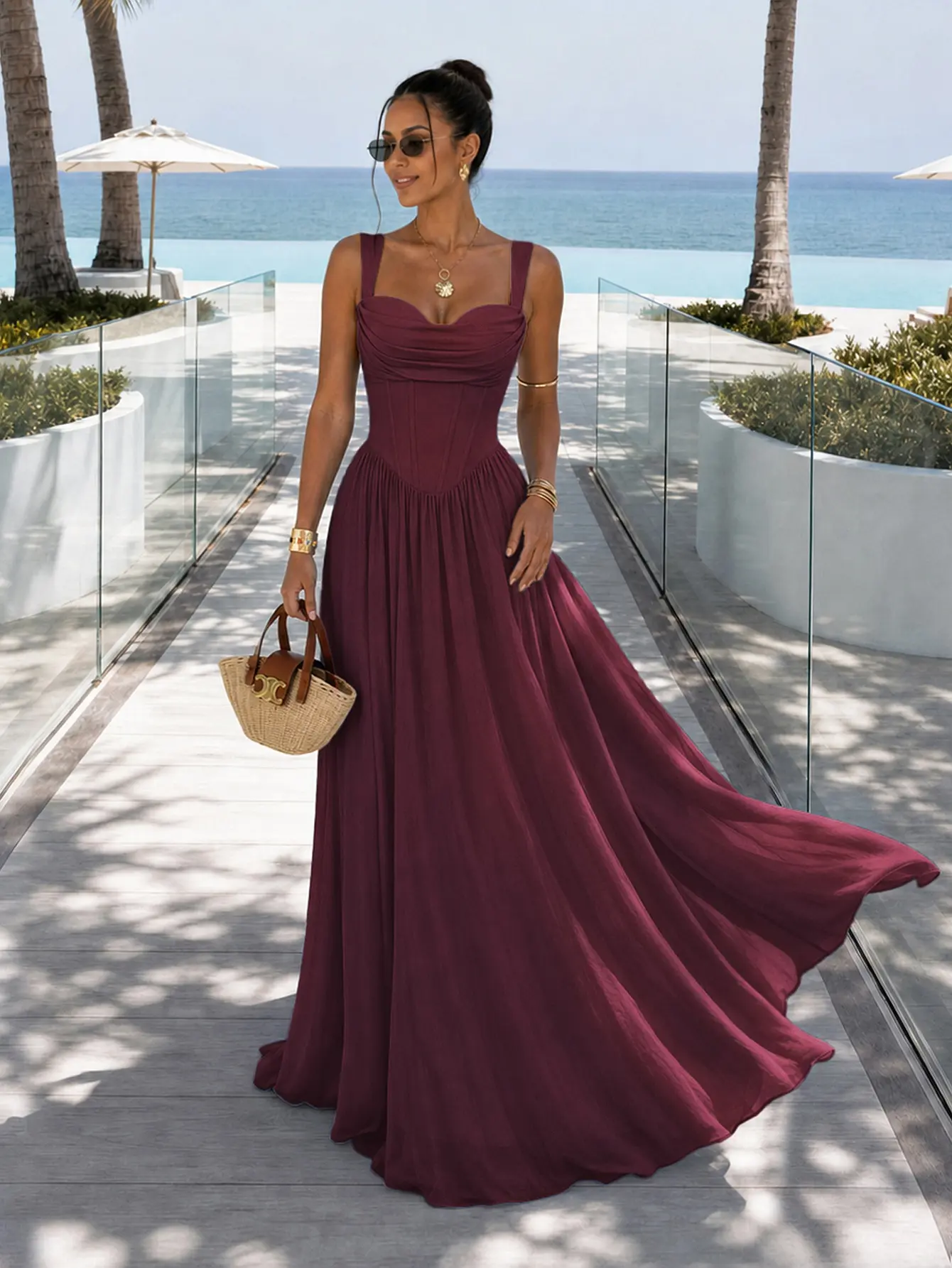 CurvySweet Celeste Women's Bodycon Formal Maxi Dress, Faux-Corset Milkmaid Polyester Gown with Built-in Bra for Wedding Guest & Party, Formal Dresses, Women's Clothing, Semi Formal Wedding Guest Dresses sohochic