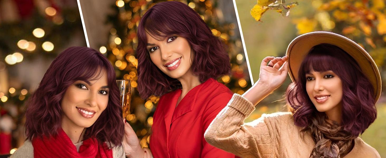 AISI HAIR Curly Bob Wig with Bangs Short Wavy Color Wigs for Women Bob Style Synthetic Heat Resistant Bob Wigs Easy To Wear Net Design