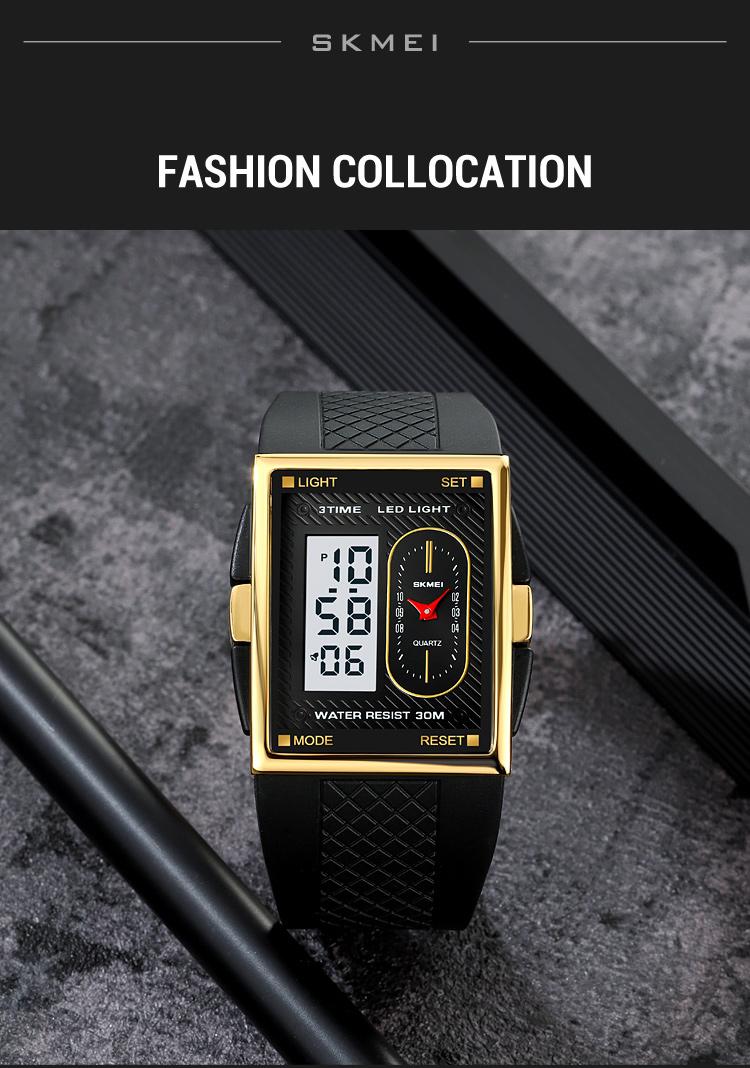 SKMEI Men's Durable Casual Digital Wristwatch - Gold-Dipped, Battery-Operated, 30M Waterproof, Hardlex Glass Dial, Multi-Functional LED, Gold-Accented Metal Frame, Black Band, 3 Time Zones, Stopwatch, Alarm, Date & Week Display, Casual Watch