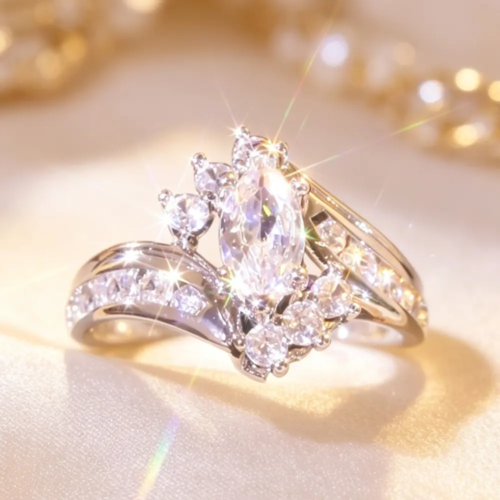 Unisex Elegant Marquise Cut Halo Promise Ring - White-Tone Plated Metal, Split Shank with Side Stones, Plain Stackable Band, Hypoallergenic Skin-Friendly Lab Created, Ideal for Engagement & Daily Wear, Statement, Heart, Elegant Everyday Ring, Marquise Eng