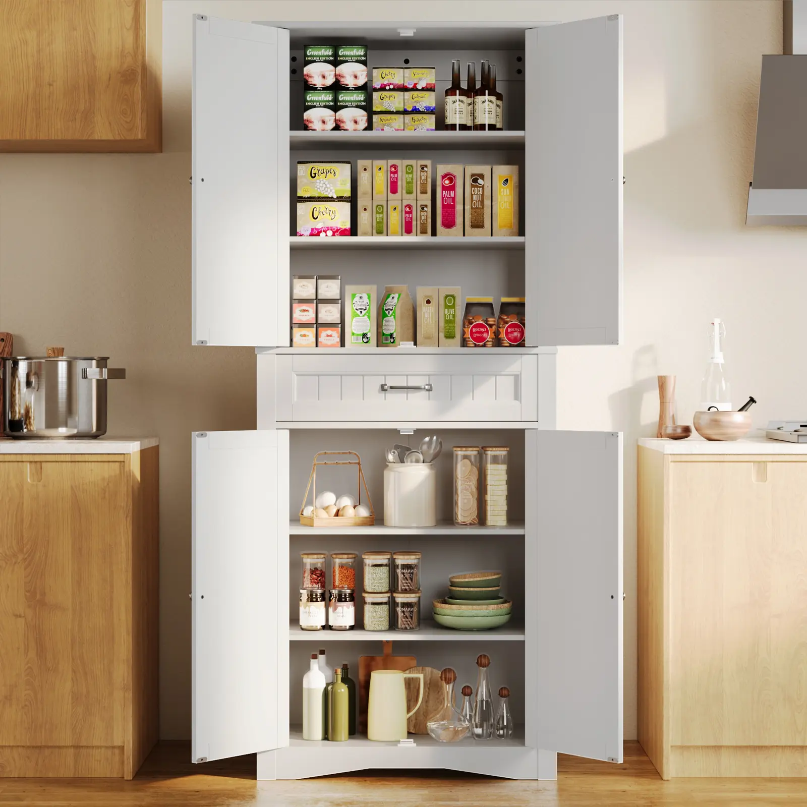 Gizoon 71" Tall Wood Freestanding Kitchen Cupboard, Sturdy Waterproof Home Storage Cabinet with Doors, Shelves & Drawer, Modern Kitchen Hutch for Dining Room