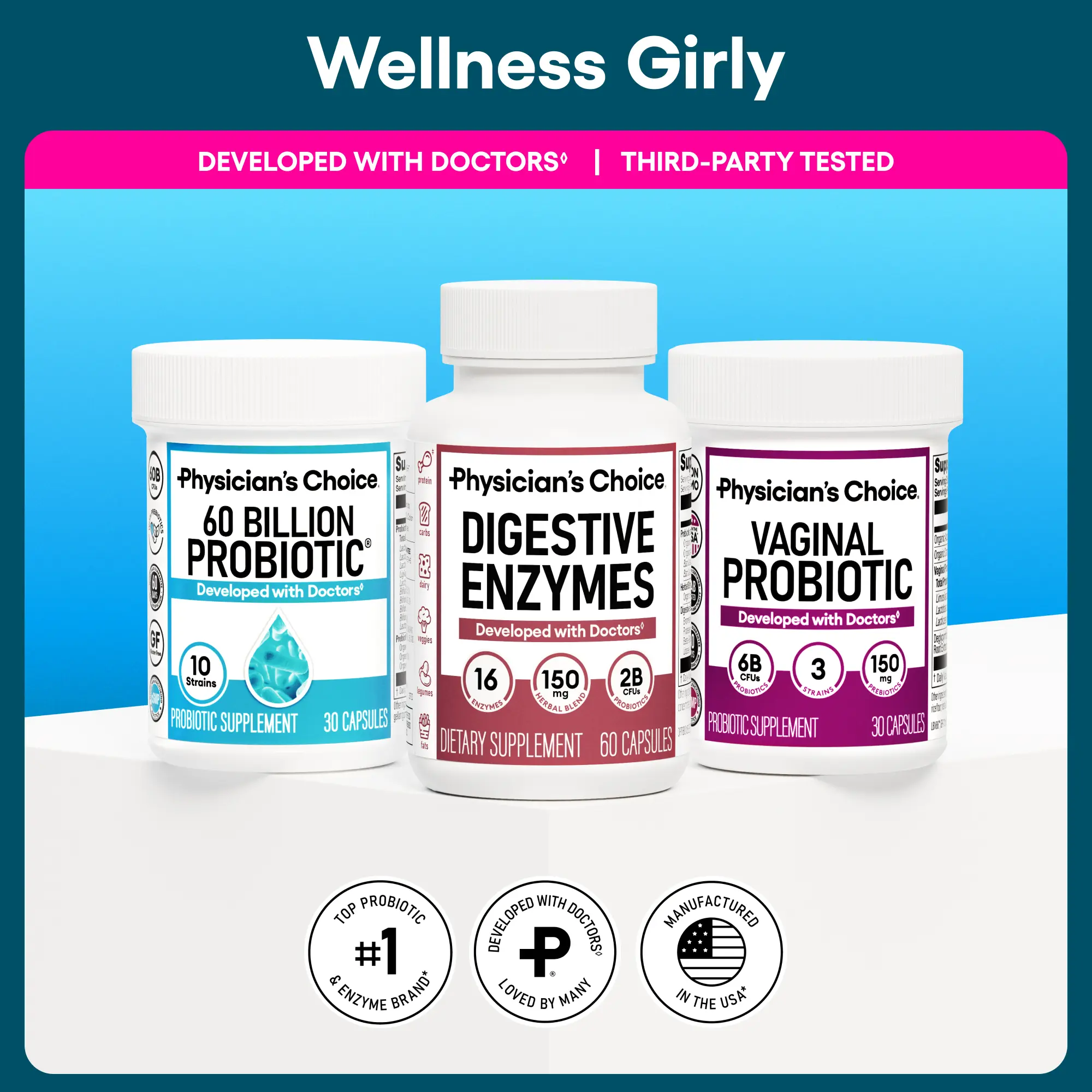 Physician's Choice Wellness Girly Stack: Feminine, Bloating & Gut Health Support with Vaginal Probiotic + 60 Billion Probiotic + Digestive Enzymes