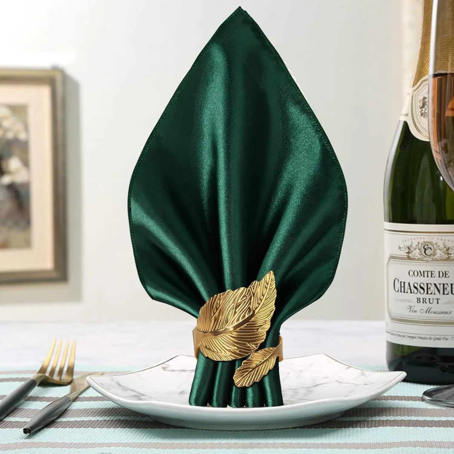 12-Piece Napkin Set & Leaf Napkin Rings, 6-Pack, 17x17 Satin Square Dinner Tableware Tabletop Decor, Decorative Napkins, Personalized Custom Wedding Shower Party Supplies, Home