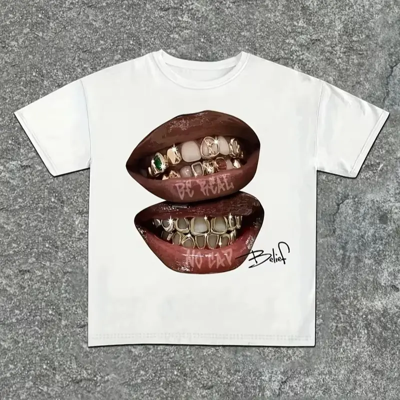 Men "Be Real No Cap" Grillz Lips Hip Hop Graphic T Shirt Retro Streetwear Print Casual Cotton Short Sleeve Oversized Tops