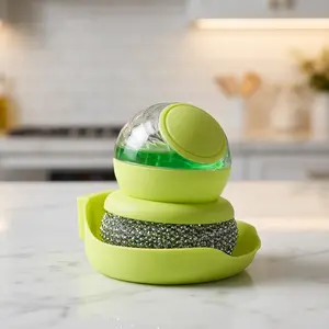 Dish Brush with Soap Dispenser Heavy Duty Kitchen Scrubber for Pots & Pans Green Multi-Purpose Cleaning Tool with Durable Steel Wire Scrubber and Refillable Soap Dispenser