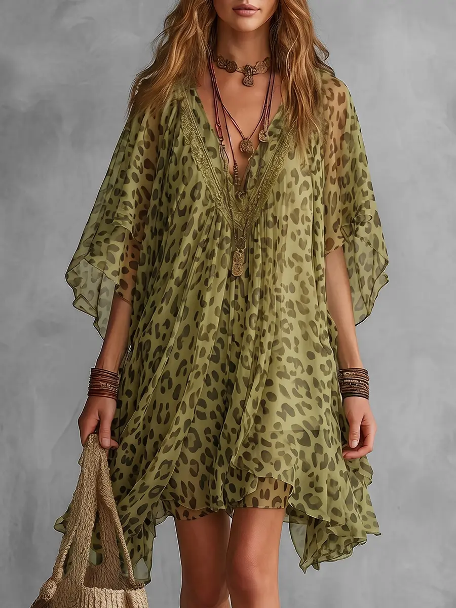Women’s New Casual Leopard Print Kaftan Mini Dress, Deep V Neck Batwing Sleeve Loose Asymmetrical Cover Up with Ruffle Hem
