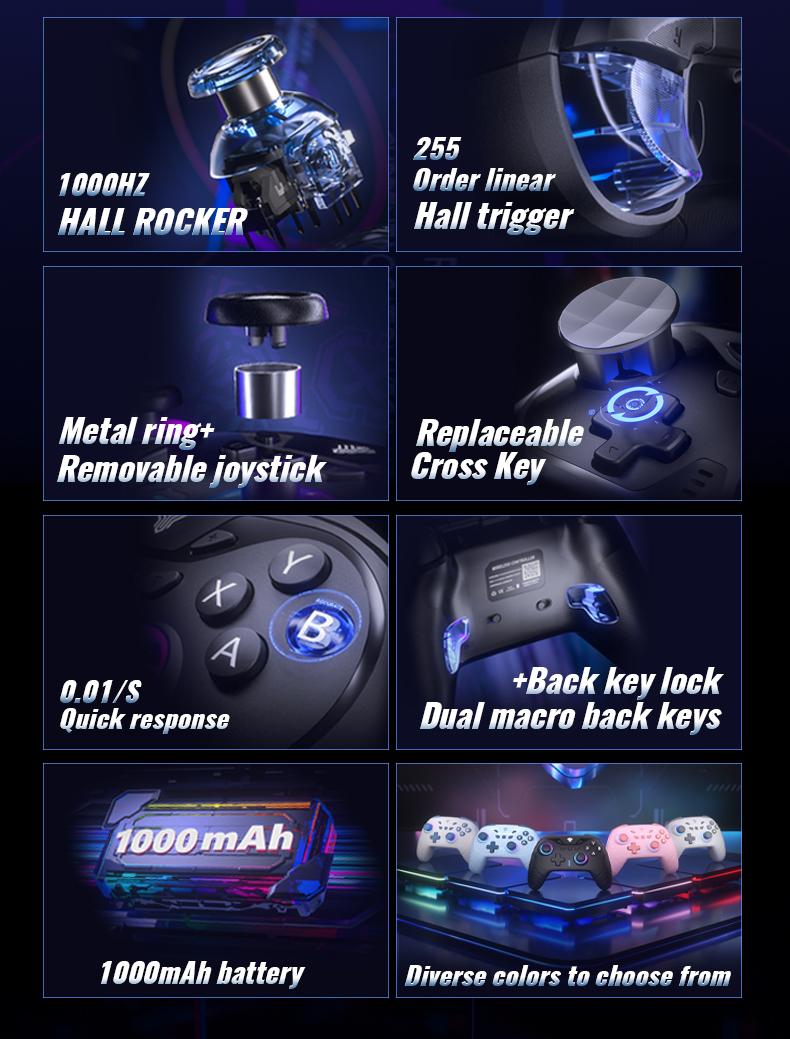 YUYIU Wind Chaser 2 Wireless Anti-Stick Drift Controller  Hall Effect Joystick, Linear Triggers, 6-Axis Gyro, Dual Vibration, Macro Back Buttons, & Replaceable D-Pad for Switch, PC, Steam, Android | 1000Hz Polling, RGB, 1000mAh