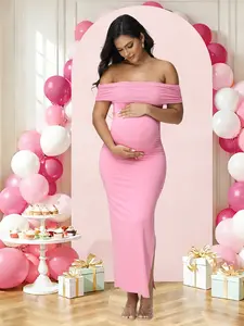 Maternity Mesh Off Shoulder Elegant Dress Split Summer Dress for Baby Shower Party Photoshoot