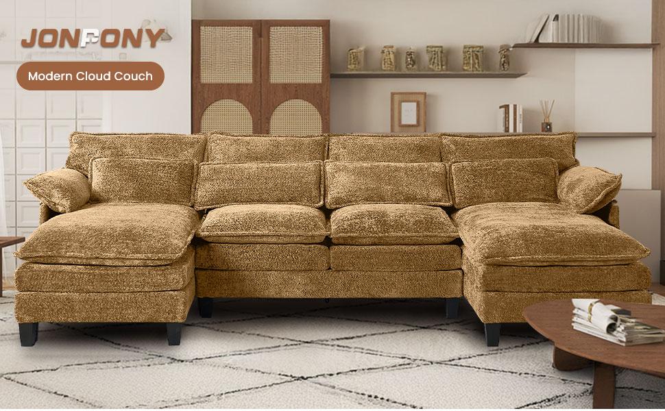 【3 Packages】110" U Shaped Couch,Modular Sectional Sofa with 4 Waist Pillows,Sleeper Deep Seat Couch with Double Chaise Lounge & Memory Foam for Living Room