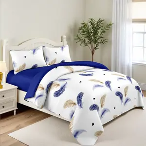 White/Gold/Blue Feather 3 Piece Soft All-Season Washed Microfiber And Viscose Bedspread Set In A Bag, King/Calking Bedding Set With Bedspread & Pillowcases, Print, Flowerd, Moisture-Wicking, Silky Soft Texture, Cooling, Breathable, Easy Care