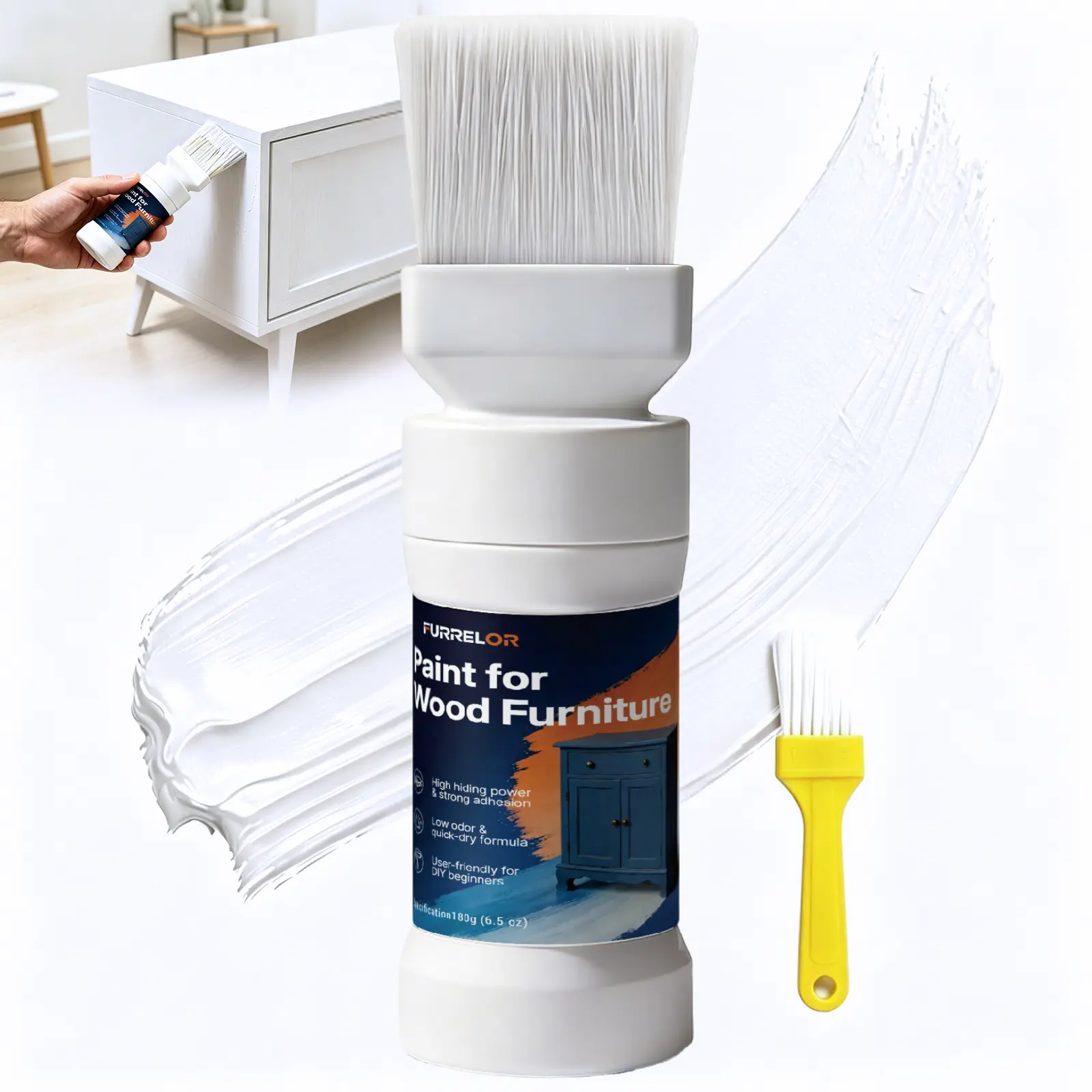 FURRELOR Wood Touch Up Paint - 6.35 Oz (180g) All-in-1 Water-Based Fast-Drying Interior Paint, White/Black DIY Projects Solution with Gloves & Film Kit for Cabinets, Doors Durable Scratch-Proof Protection