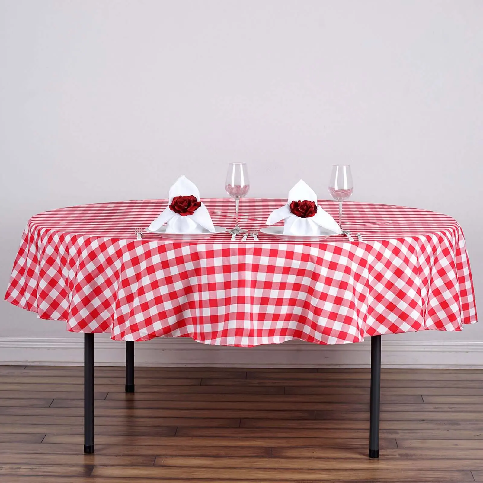 90" Polyester Round Wedding Tablecloth - White-Red Checkered Buffalo Plaid Rustic, Tumble Dry Compatible Outdoor Tablecloth for Farmhouse Gatherings, Furniture Accessory