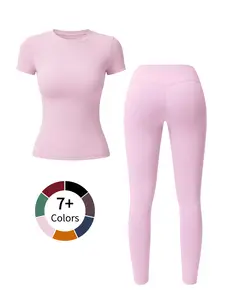 Youthful Campus Fitness Cute Solid Color Top, Elastic Fit Round Neck Sweet Fashion Versatile Popular Jacket Elegant High Waist Tight Casual Butt-Lifting Daily Basic Dance Shows Long Legs Hip-Lifting Street Running Yoga Two-Piece Set