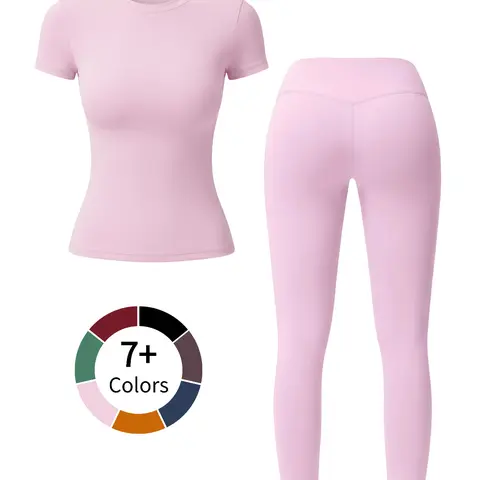 Youthful Campus Fitness Cute Solid Color Top, Elastic Fit Round Neck Sweet Fashion Versatile Popular Jacket Elegant High Waist Tight Casual Butt-Lifting Daily Basic Dance Shows Long Legs Hip-Lifting Street Running Yoga Two-Piece Set