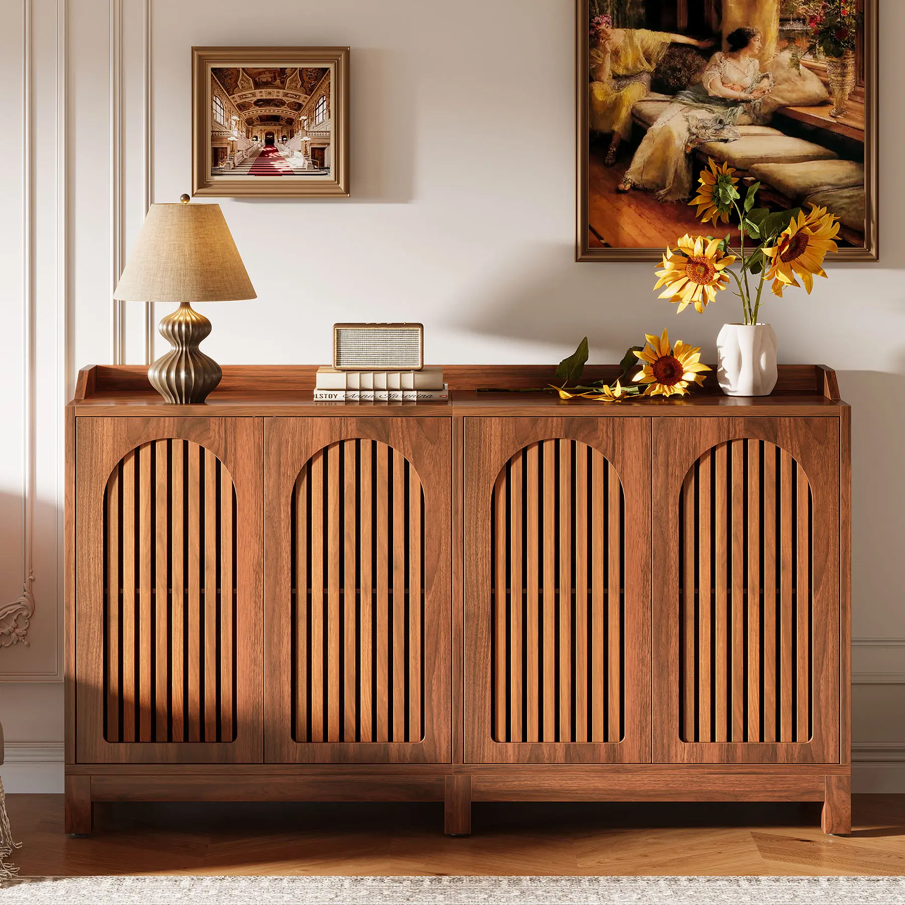 LITTLE TREE Sideboard Buffet Cabinet, 57" Farmhouse Storage Cabinet with Shutter Doors and Adjustable Shelf, Freestanding Storage Shelf for Dining Room, Living Room, Kitchen