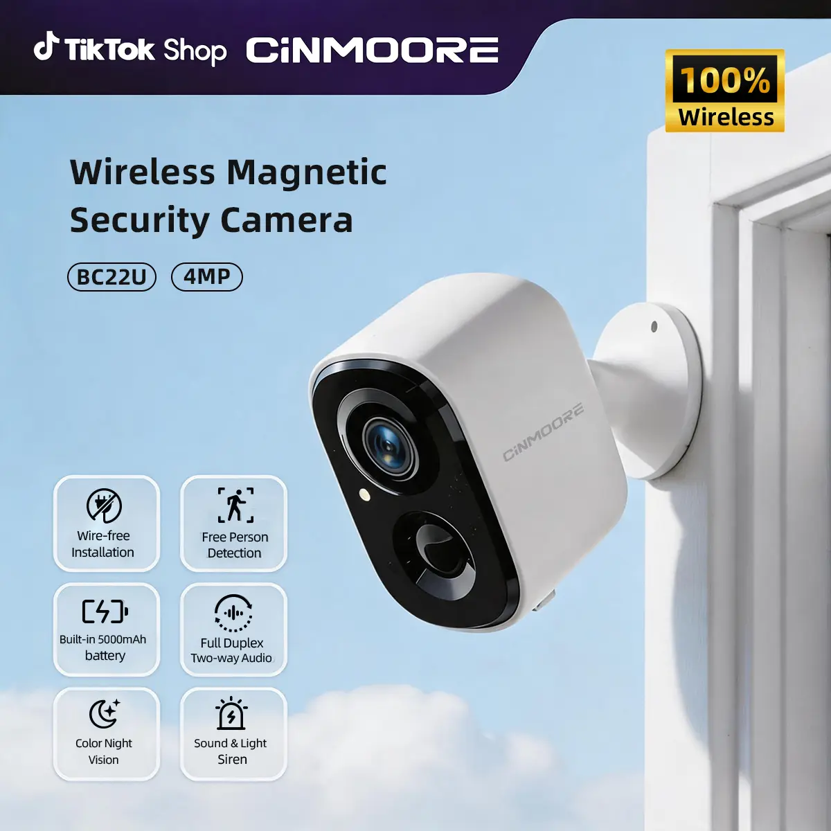 【Limited-Time Discount】CINMOORE Wireless Smart Security Camera Indoor/Outdoor/Garage Camera, 2.5K QHD, Rechargeable Magnetic Installation, Color Night Vision, Free Local AI Motion/Person Detection Spotlight & Siren, 2-Way Audio Speaker, cameras for home