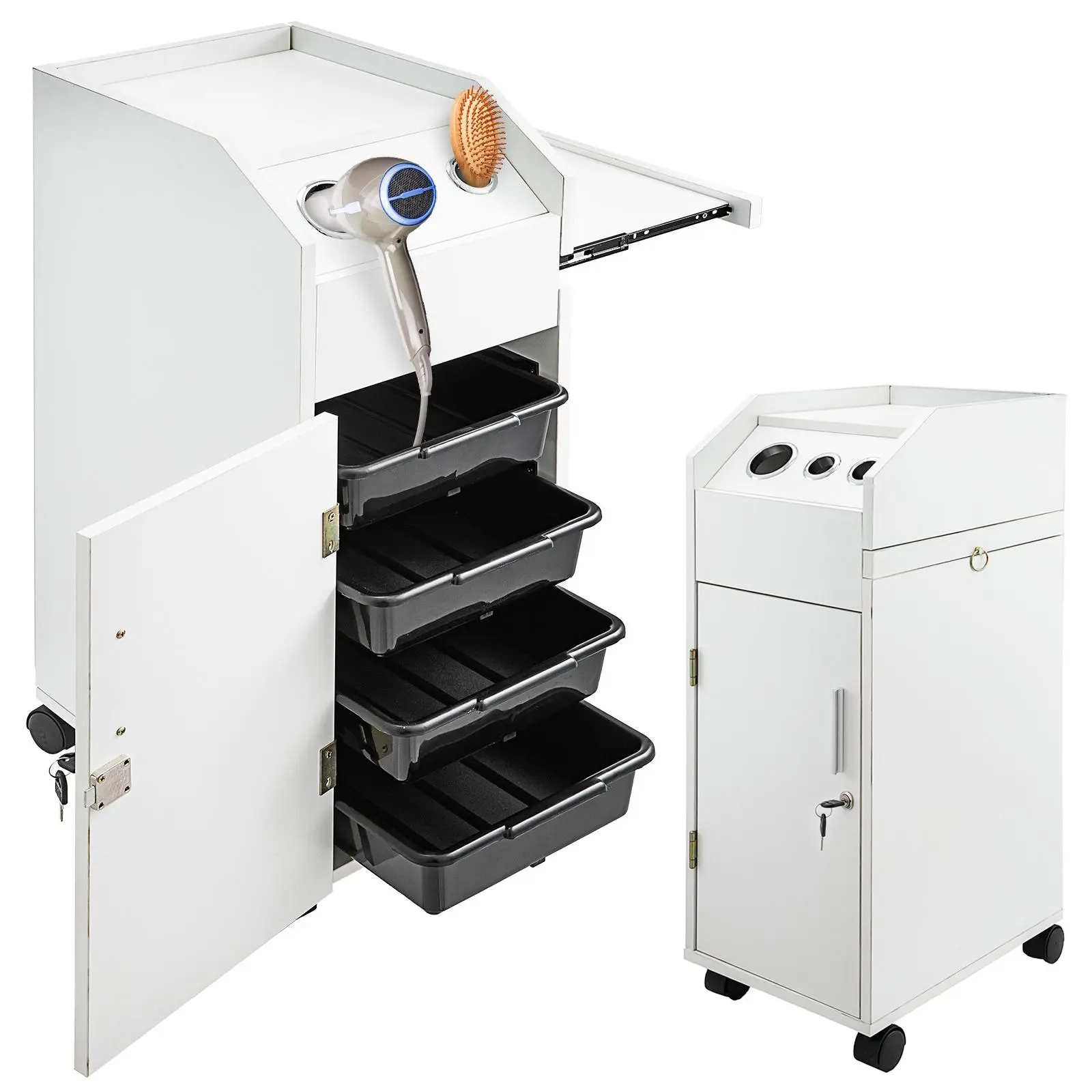 VEVOR Classic Salon SPA Beauty Hairdressing Cart - White Commercial Furniture with 4 Sliding Drawers, Lockable Rolling Wheels (2 Keys), 3 Hair Dryer Holes, Salon Styling Tool Holder, Space-Saving Side Tray, Organiser Racks, Assembly Required,#BackToSchool