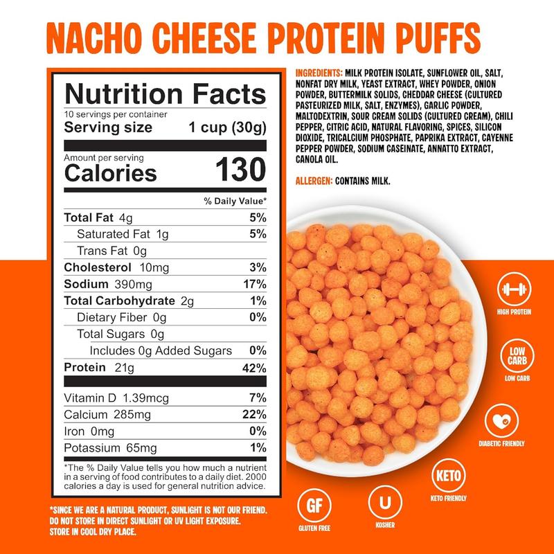 Protein Puffs - (Nacho Cheese), Keto Friendly, Low Carb Snack (300g, 21g Protein, 2g Net Carbs, High Protein, Healthy Crunchy Snack).