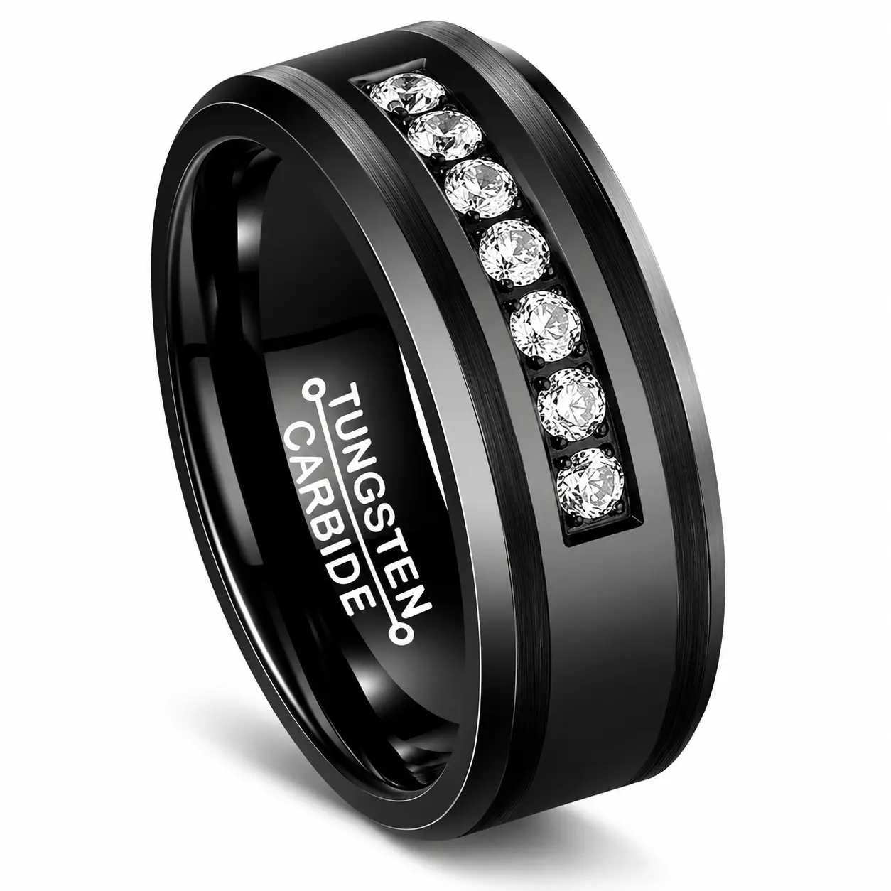 Men's Tungsten Carbide Wedding Band, 8mm Black 2-Tone Ring with 7-Stone Cubic Zirconia, Scratch Resistant Comfort Fit Gift for Dad, Brother, Birthday, 7-Stone Design, Anniversary, Seven Stone