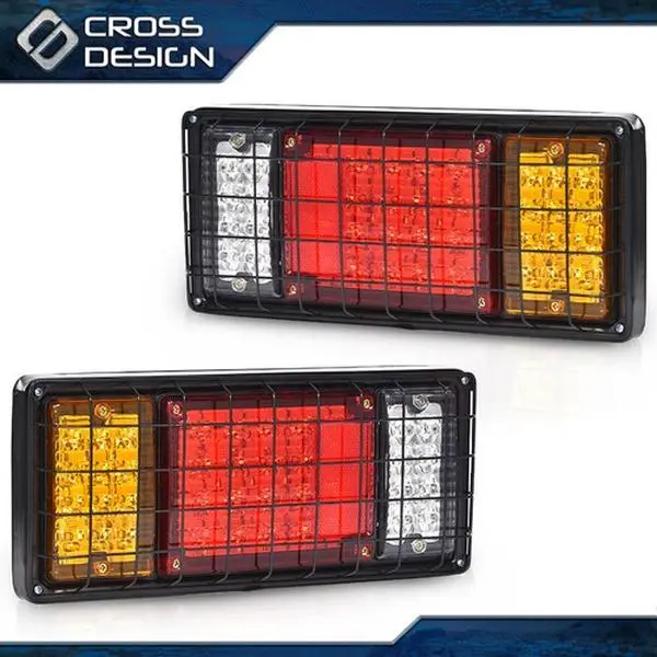 CROSSDESIGN Pair Iron Mesh Flatbed Tail Light Assembly - 40-LED 13.38"x6.06"x1.96" Rear Units with Turn Signals,Brake,Reverse,10-30V LED Backlights for ATVs,UTVs,Pickup Trucks,Vehicle Accessories