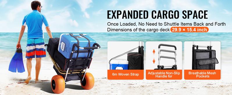 VEVOR Beach Dolly with Big Solid Wheels for Sand,  29.9" x 15.4" Cargo Deck, w/ 12" Foam Wheels, 165LBS Loading Capacity Folding Sand Cart & 27" to 44.7" Adjustable Height, Heavy Duty Cart for Beach